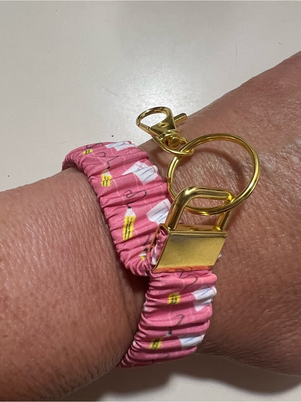 Pink Scrunchie Keychain Bracelet with Gold Hardware